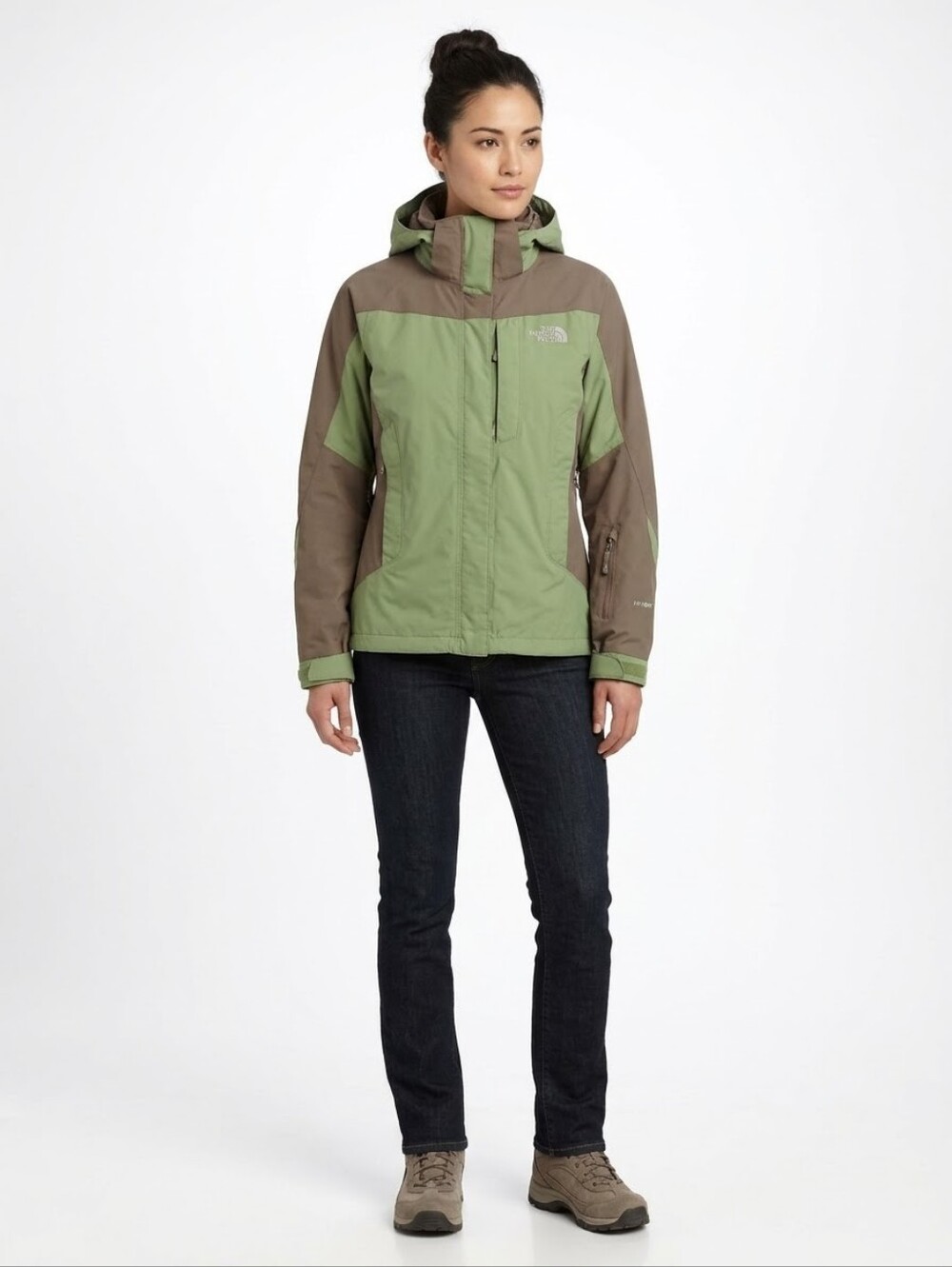 The North Face Womens Medium HyVent Waterproof Hooded Ski Jacket Green Brown